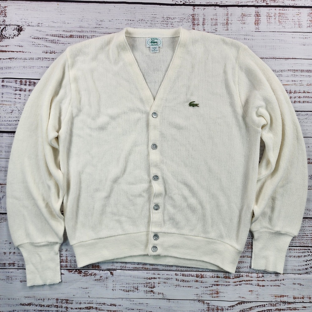 Izod Lacoste Mens Vintage 100% Orlon Acrylic Cardigan Sweater White Medium